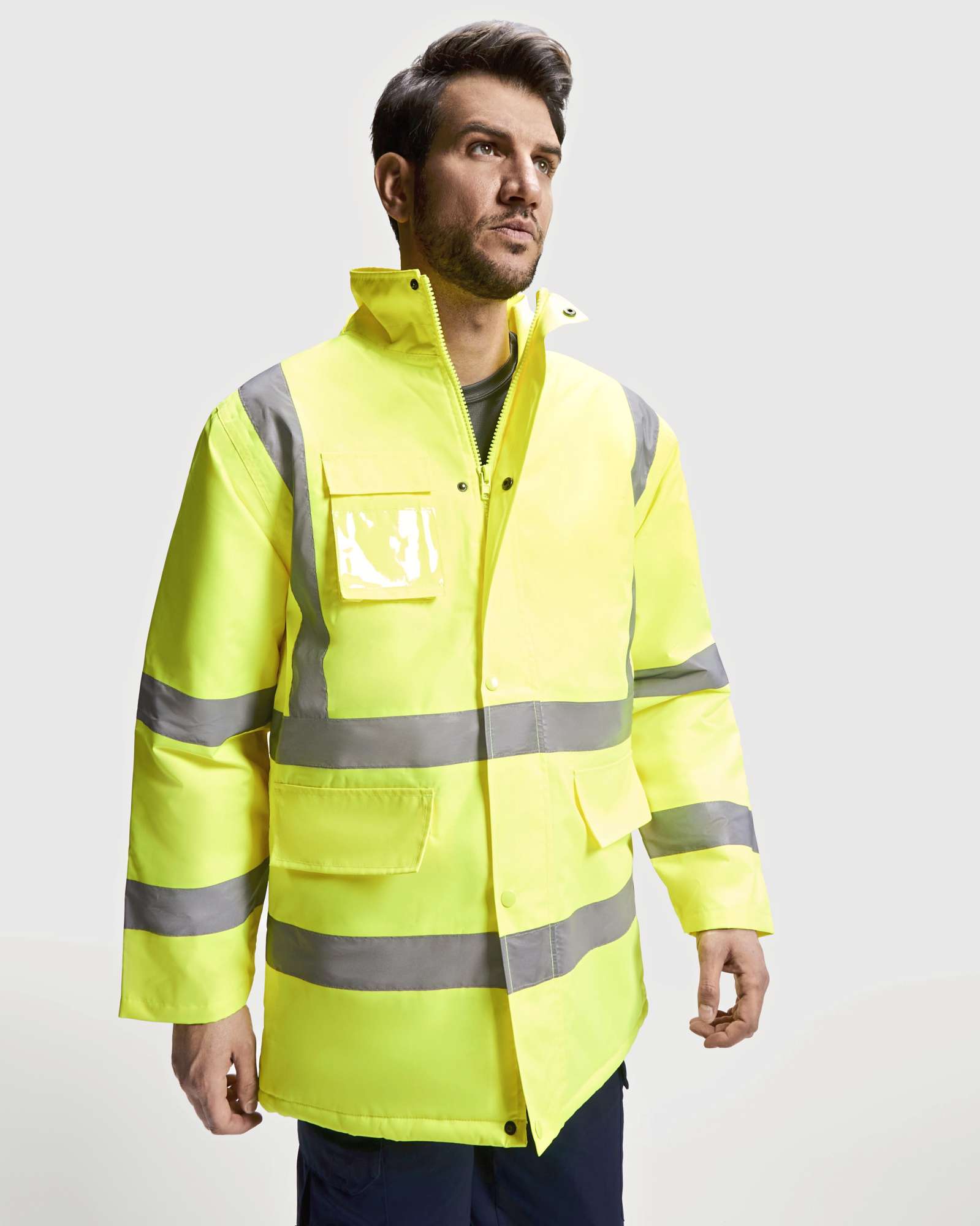 Roly Workwear Sichtbare Arbeitsjacke Merak mit Kapuze, Navy Blue 55/Fluor Orange 223 XL, RY9320