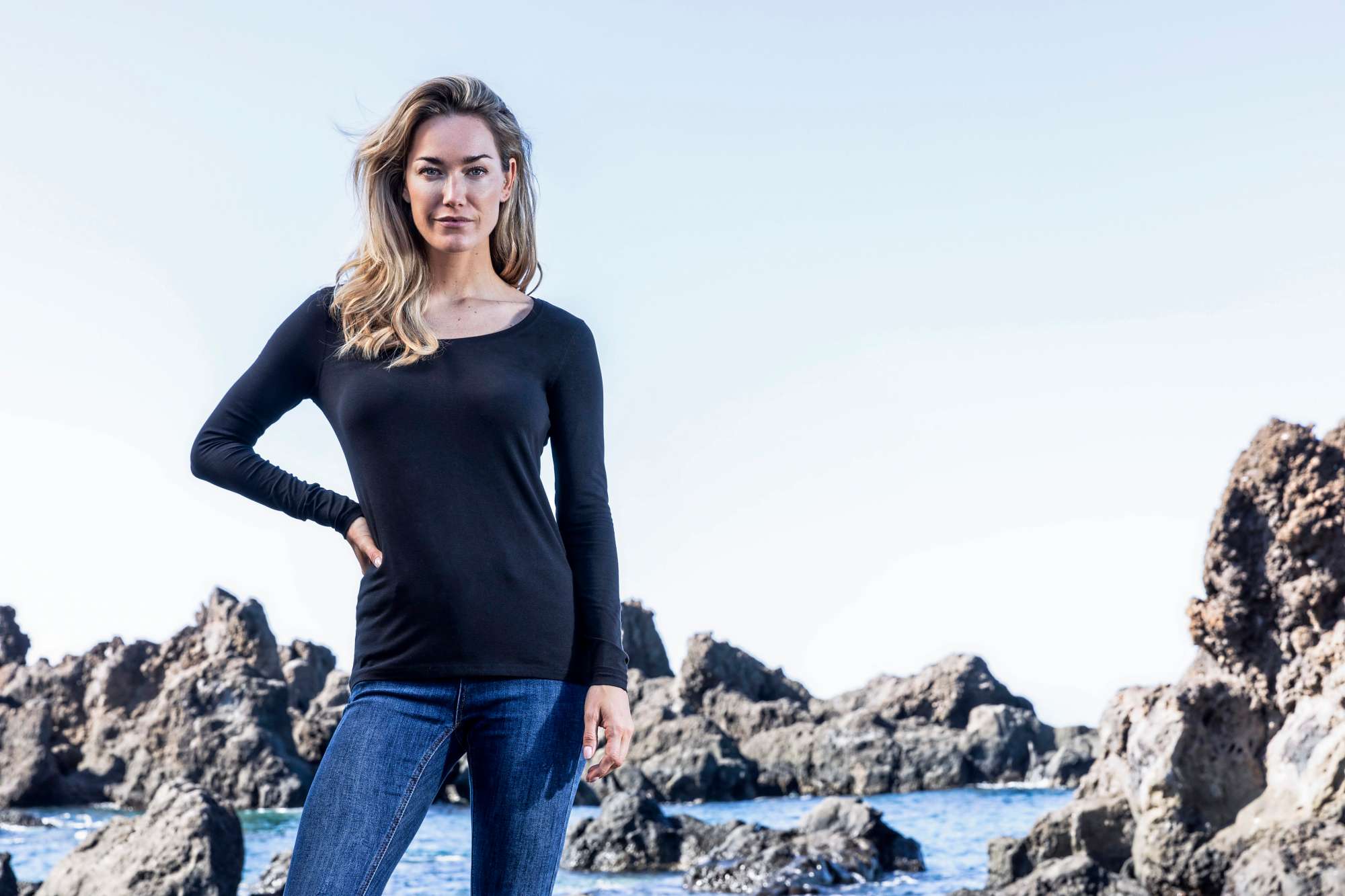 Slim Fit Langarm-T-Shirt Schwarz für Damen
