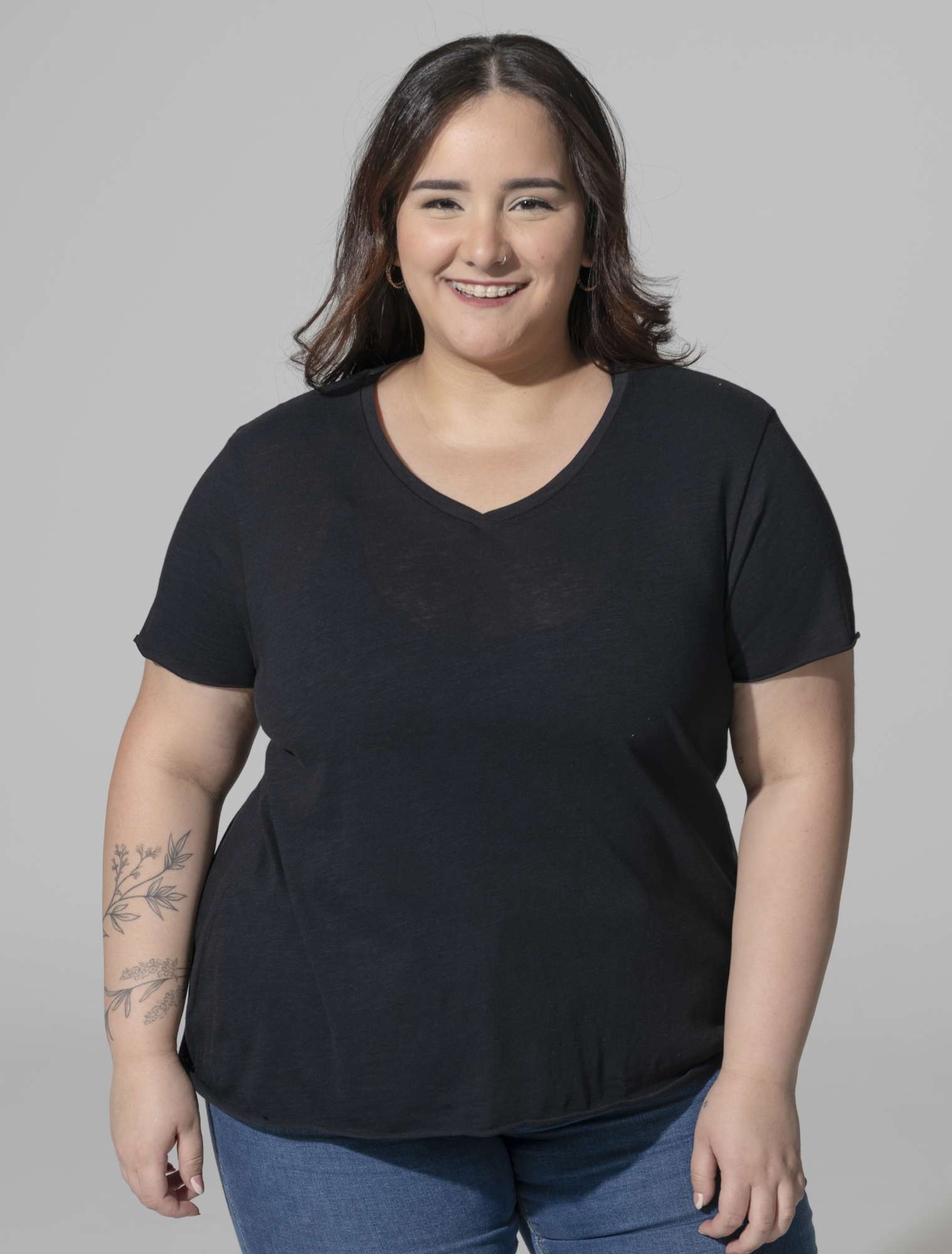 Curves Slub T-Shirt V-Ausschnitt für Damen