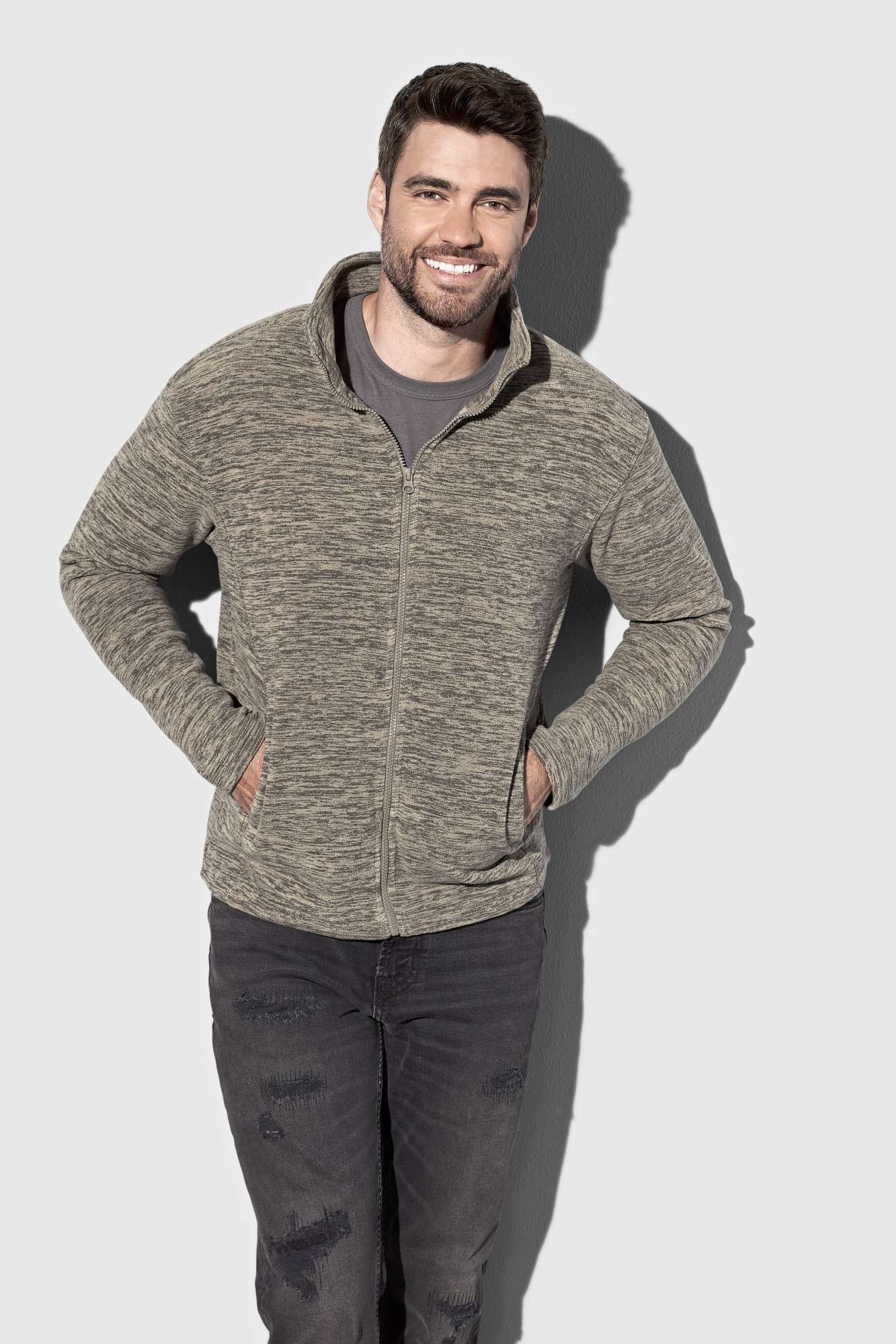 Melange Fleecejacke mit Stehkragen