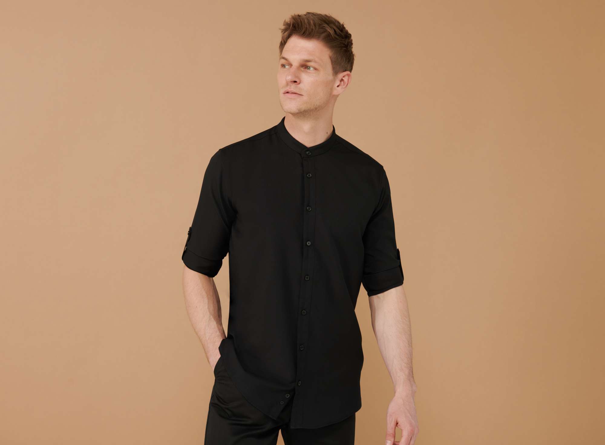 Henbury Langarm Hemd mit Mandarin-Kragen, Black XXL, W592