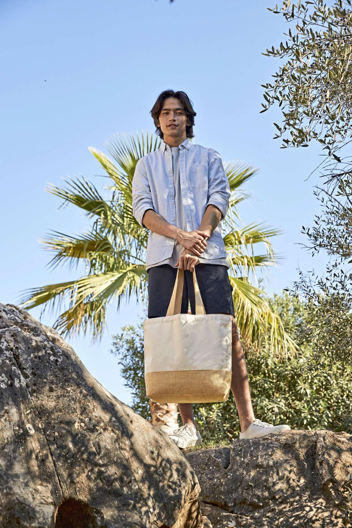 Baumwoll-Canvas Strandtasche mit Jute-Basis