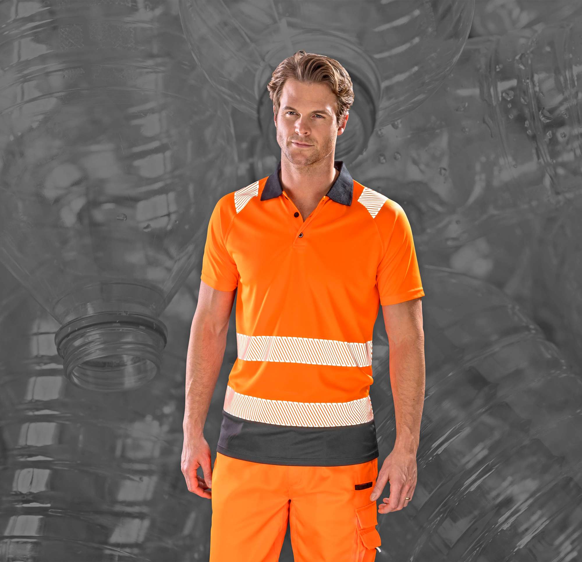 Result Genuine Recycled Recycled Safety Polo mit Stretchkragen, Fluorescent Orange/Black S/M, RT501