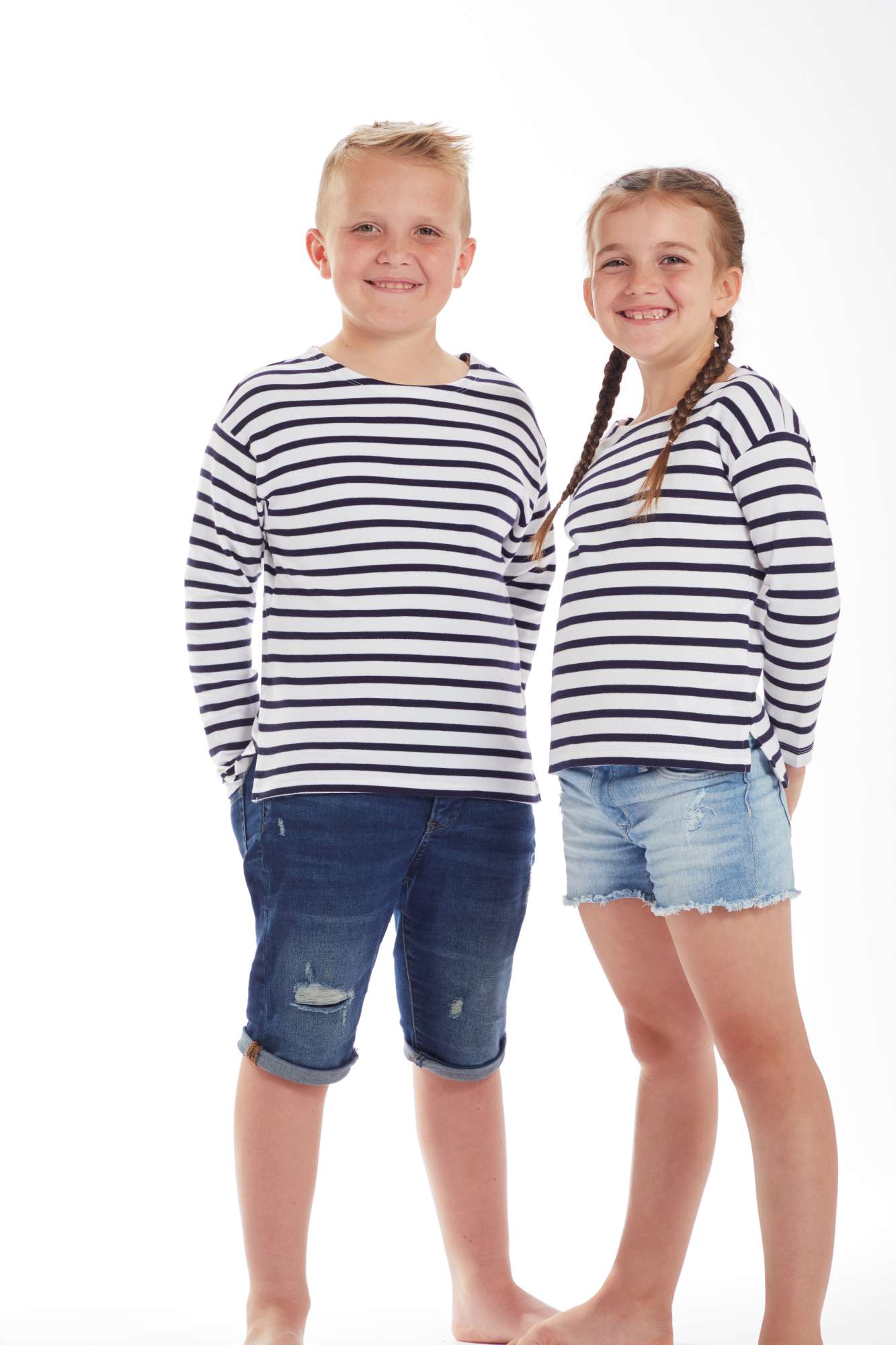 Mantis Kids Breton Langarmshirt Bio-Baumwolle für Kinder, White/Navy 6-7 Jahre, MK84