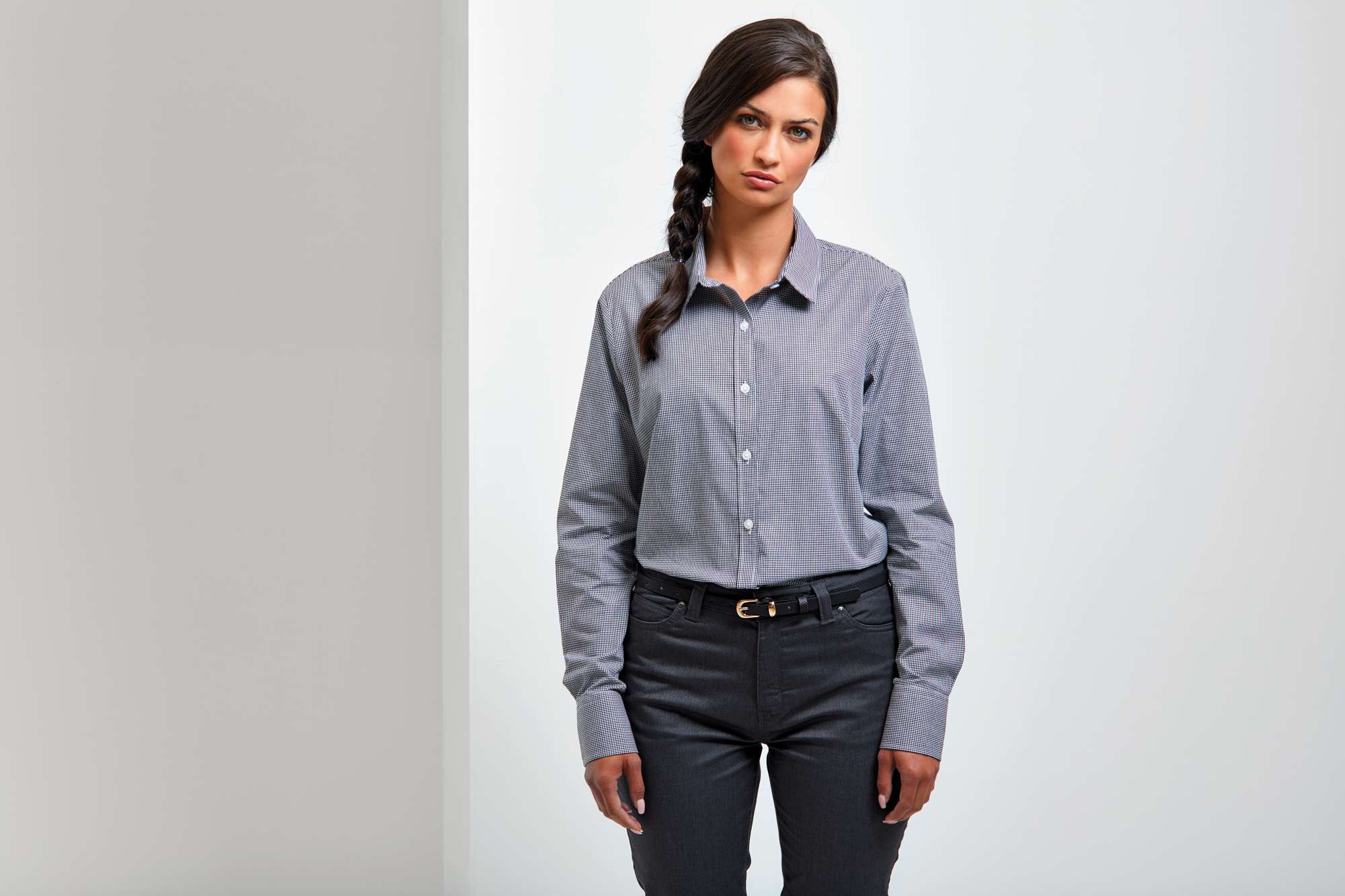 Premier Workwear Langarm Baumwollhemd Microcheck Schnitt für Damen, Navy (ca. Pantone 2766C)/White XL, PW320