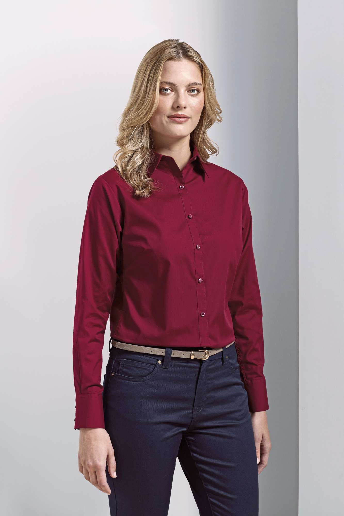 Premier Workwear Langarm Bluse Popeline 65/35 für Damen, Aqua 34 (XXS/6), PW300
