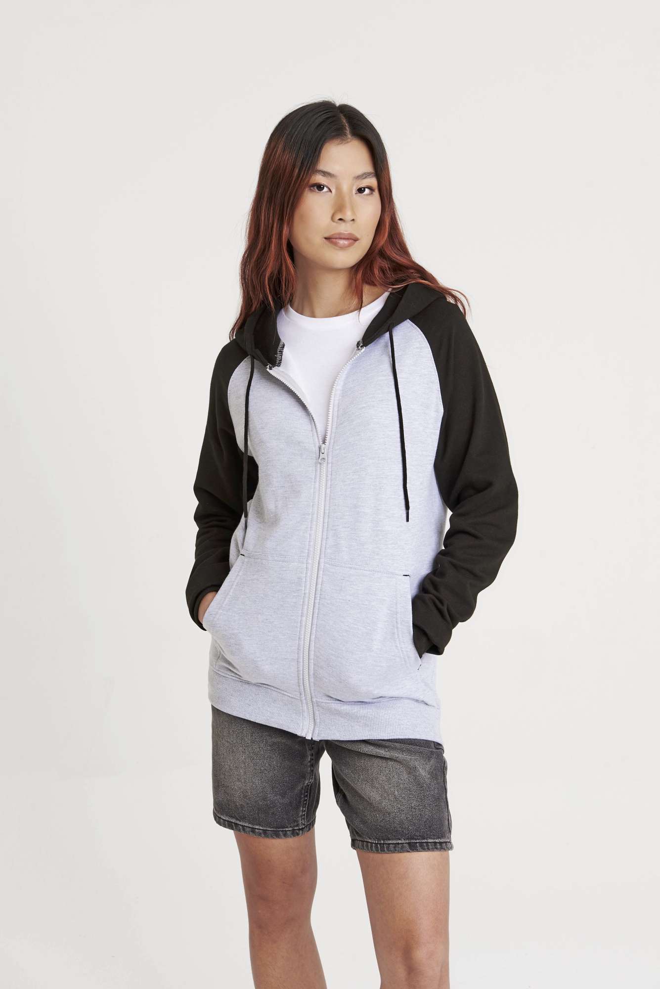 Just Hoods Baseball Zoodie mit Raglan-Ärmeln, Heather Grey/Jet Black XL, JH063