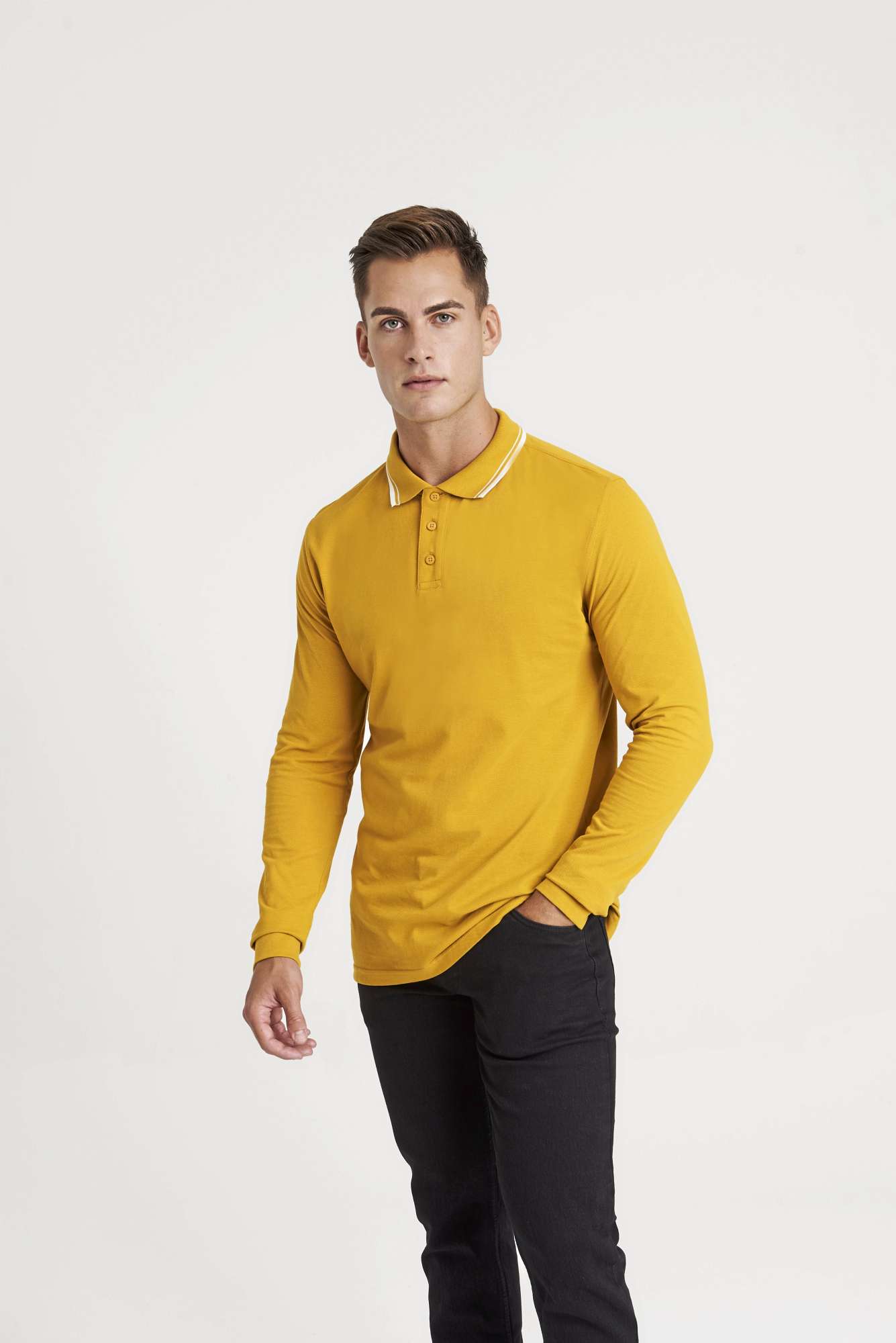 Just Polos Langarm-Poloshirt mit Kontrastkragen, Deep Black/White S, JP103