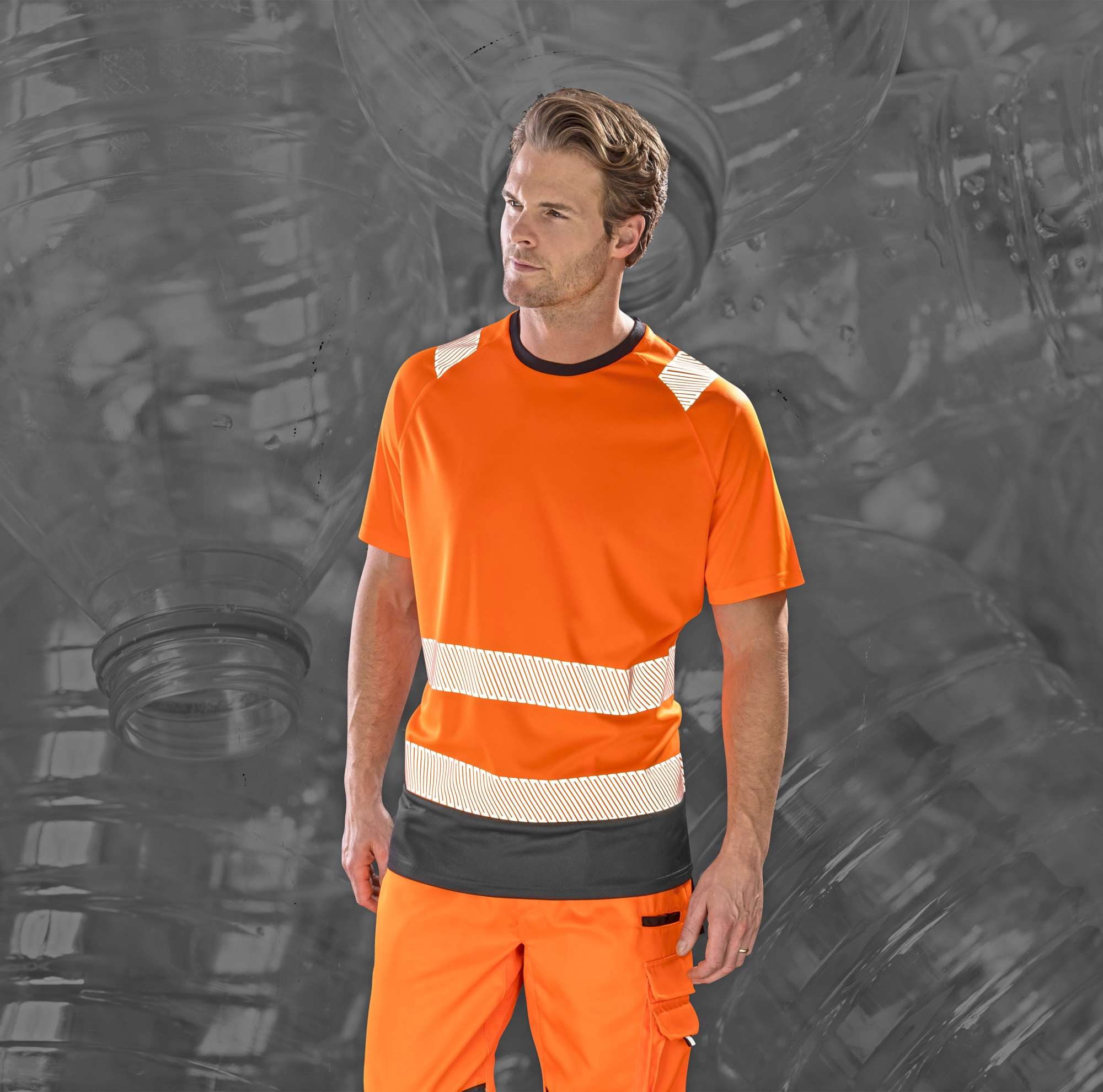 Result Genuine Recycled Recyceltes Sicherheits-T-Shirt mit Reflektoren, Fluorescent Orange/Black S/M, RT502