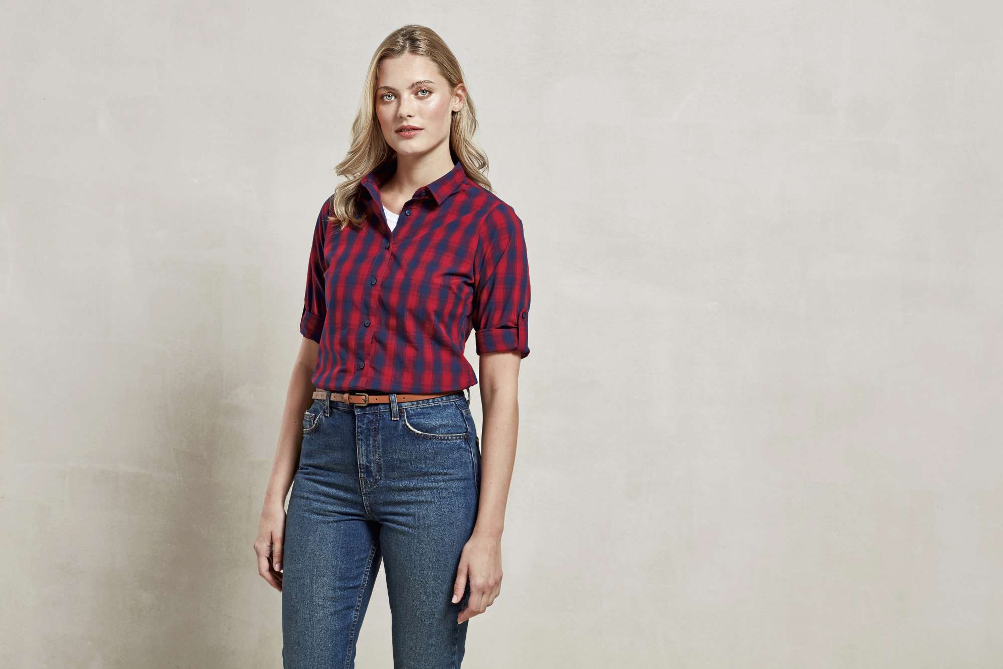 Premier Workwear Langarmhemd Mulligan Karomuster Baumwolle für Damen, Red/Navy (ca. Pantone 2378C) XL, PW350