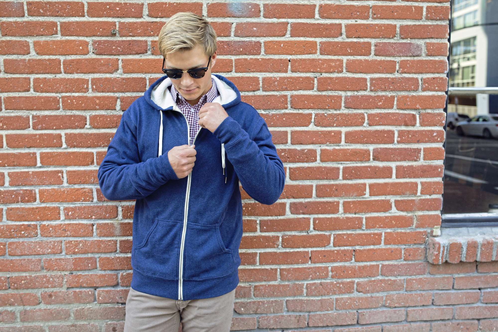 Independent Sherpa-gefütterte Kapuzenjacke mit Daumenlöchern, Navy Heather/Natural S, NP352
