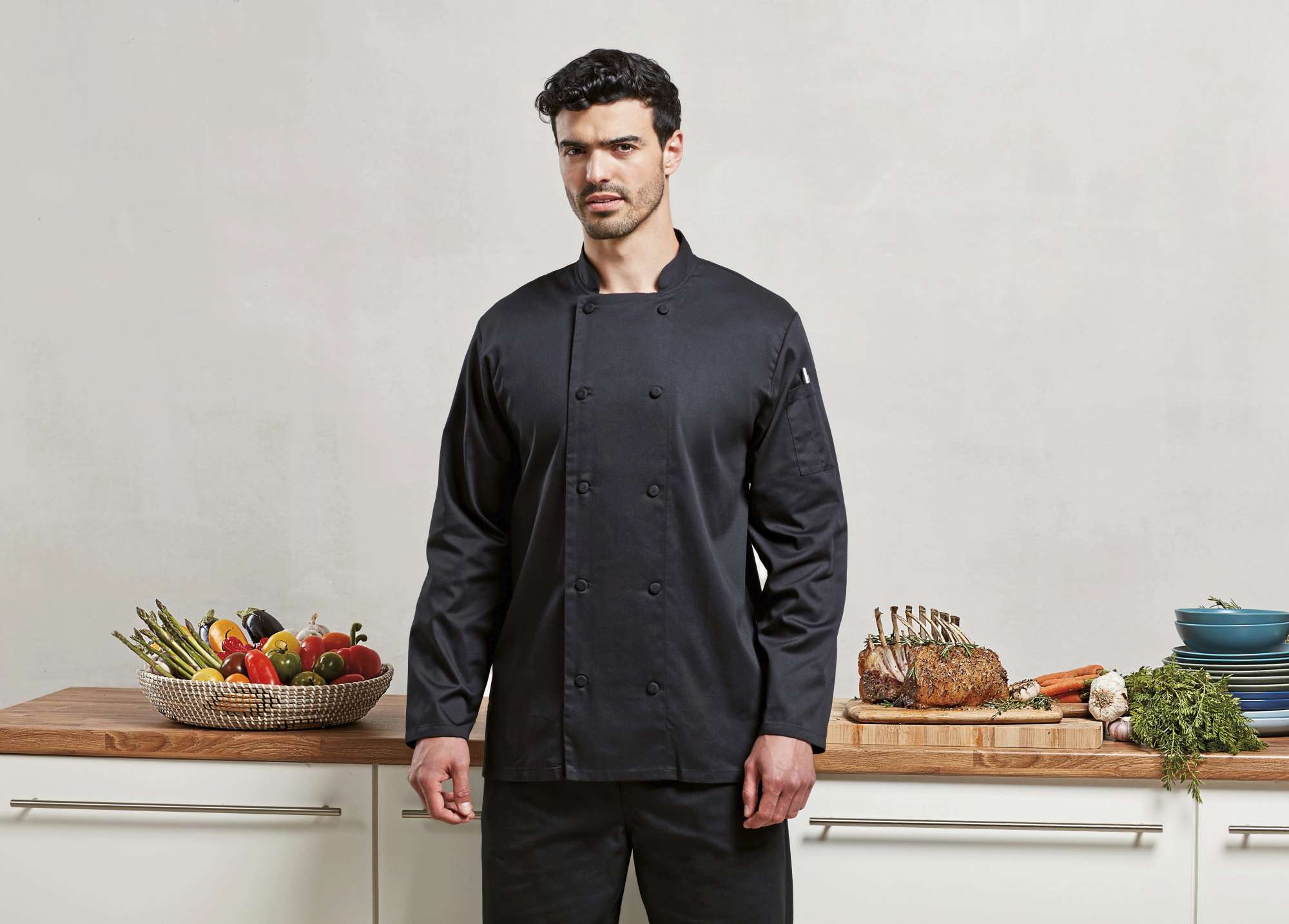 Premier Workwear Kochjacke Coolchecker® mit Mandarin-Kragen, Black (ca. Pantone Black C) XL, PW903