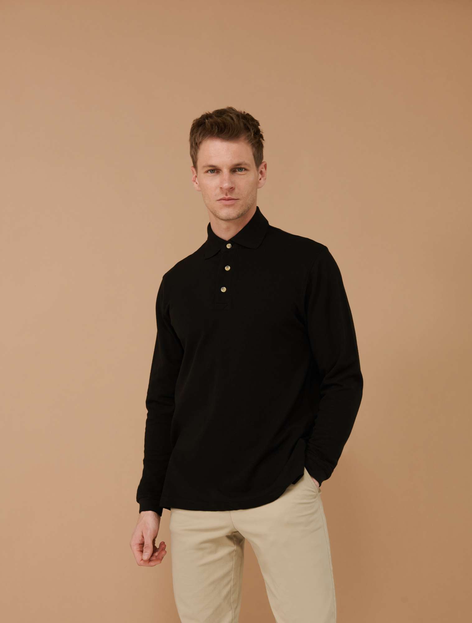 Henbury Langarm Polo Shirt aus Baumwolle, Black XXL, W105