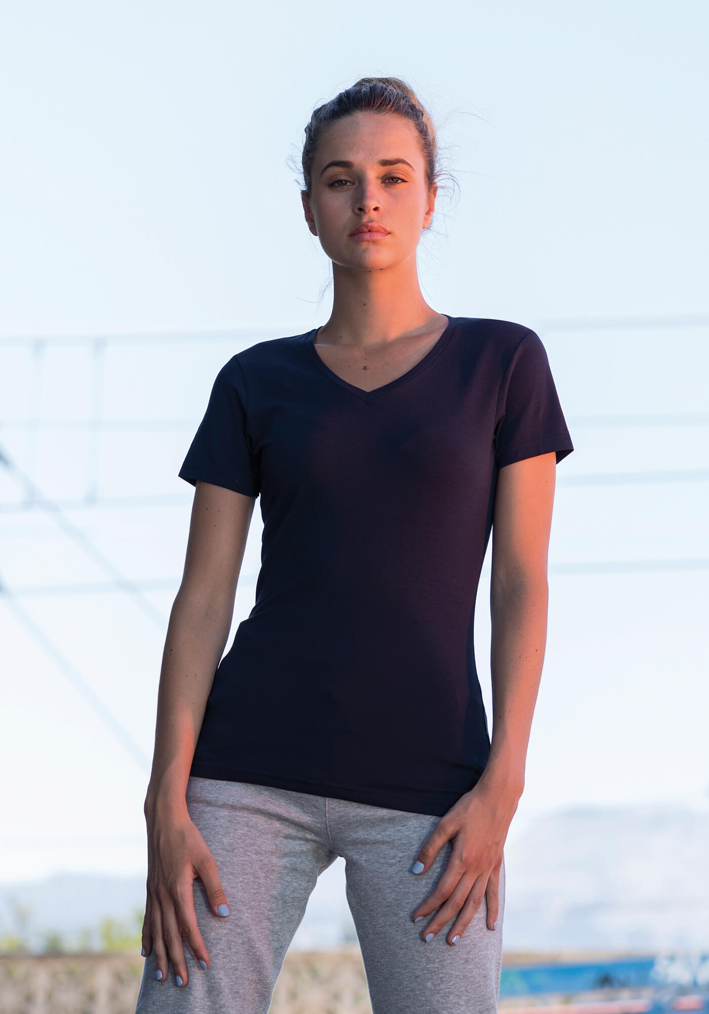 Stretch-T-Shirt V-Ausschnitt Langform für Damen