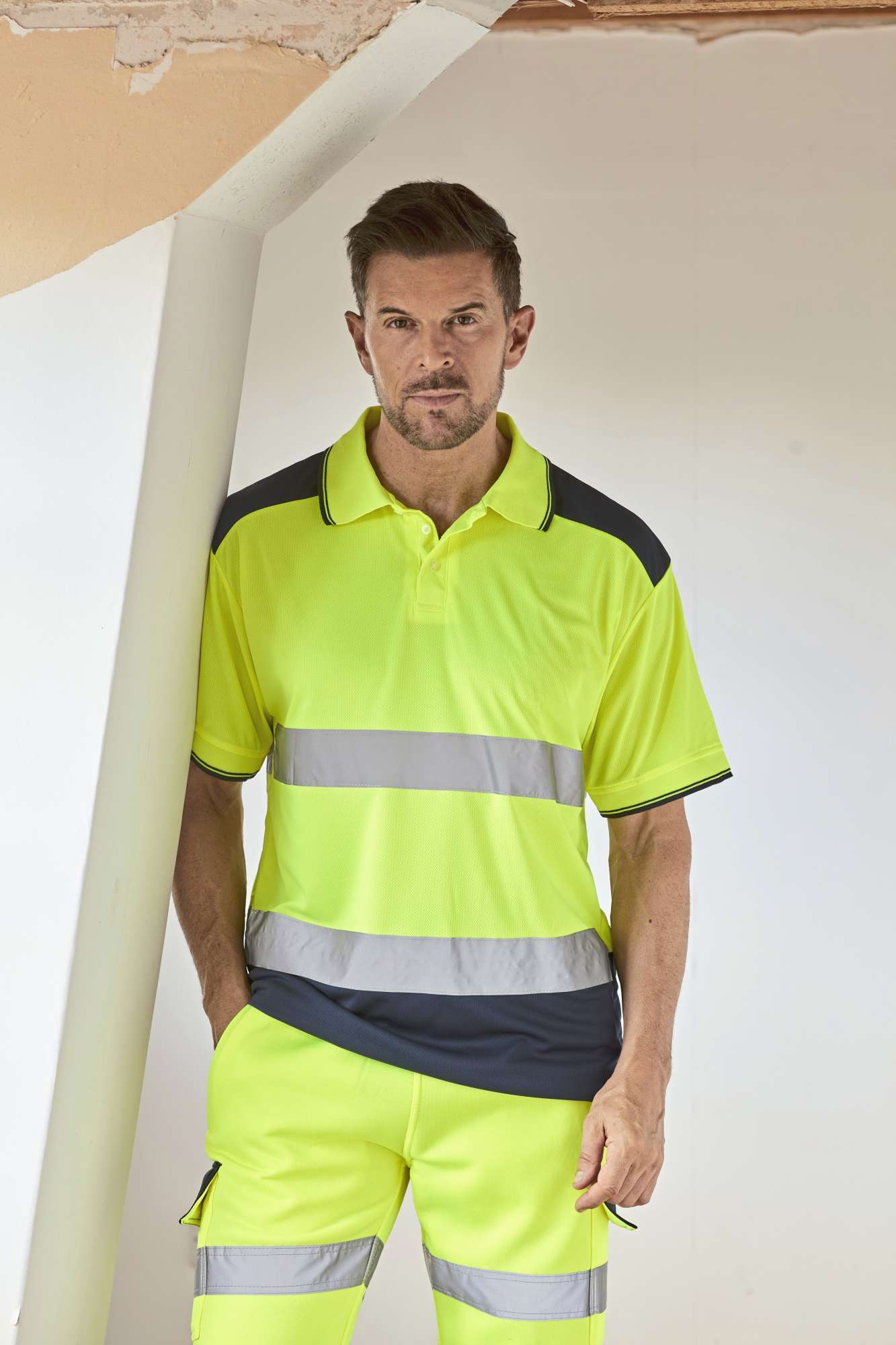 YOKO Hi-Vis Polo-Shirt mit reflektierenden Bändern, Hi-Vis Yellow/Navy XL, YK220