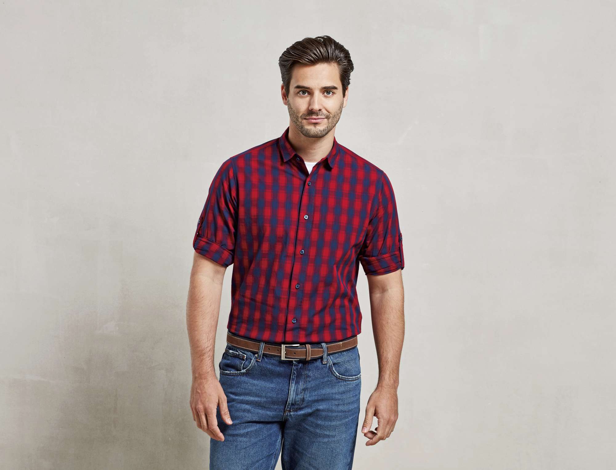 Premier Workwear Karomuster Langarmhemd aus Baumwolle, Red/Navy (ca. Pantone 2378C) M, PW250