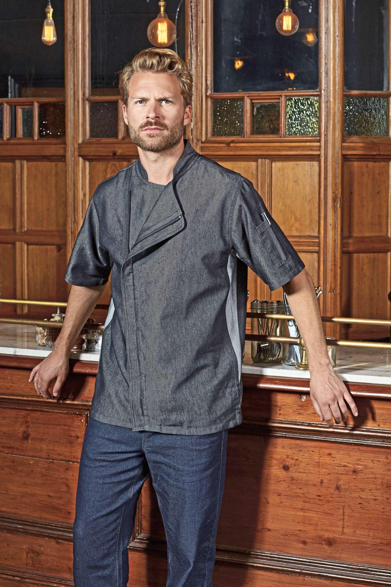 Premier Workwear Kochjacke Kurzarm mit Reißverschluss, Indigo Denim (ca. Pantone 2380C) XL, PW906