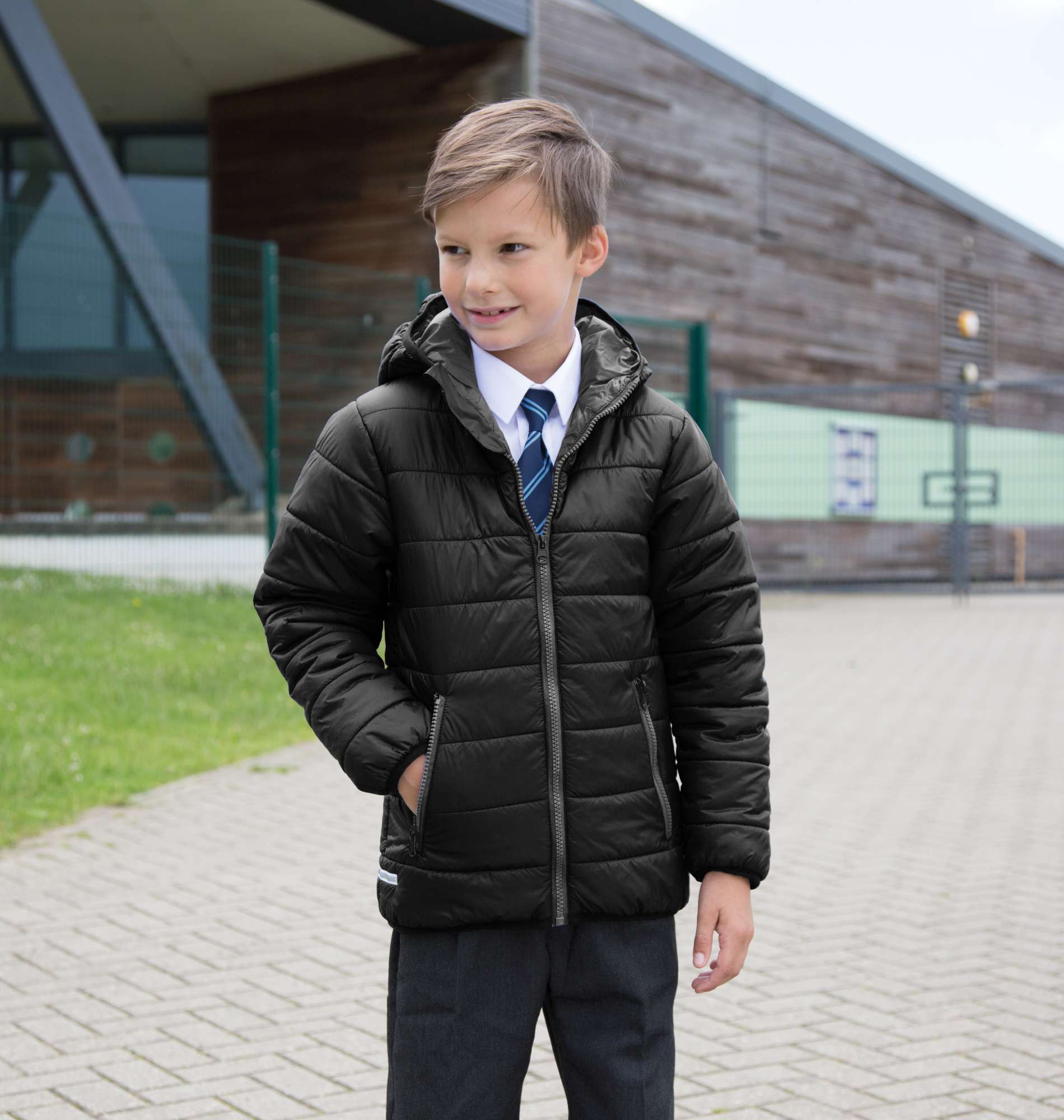 Result Core Junior Soft Padded Jacke mit Kapuze, Black/Orange L (9-10), RT233J