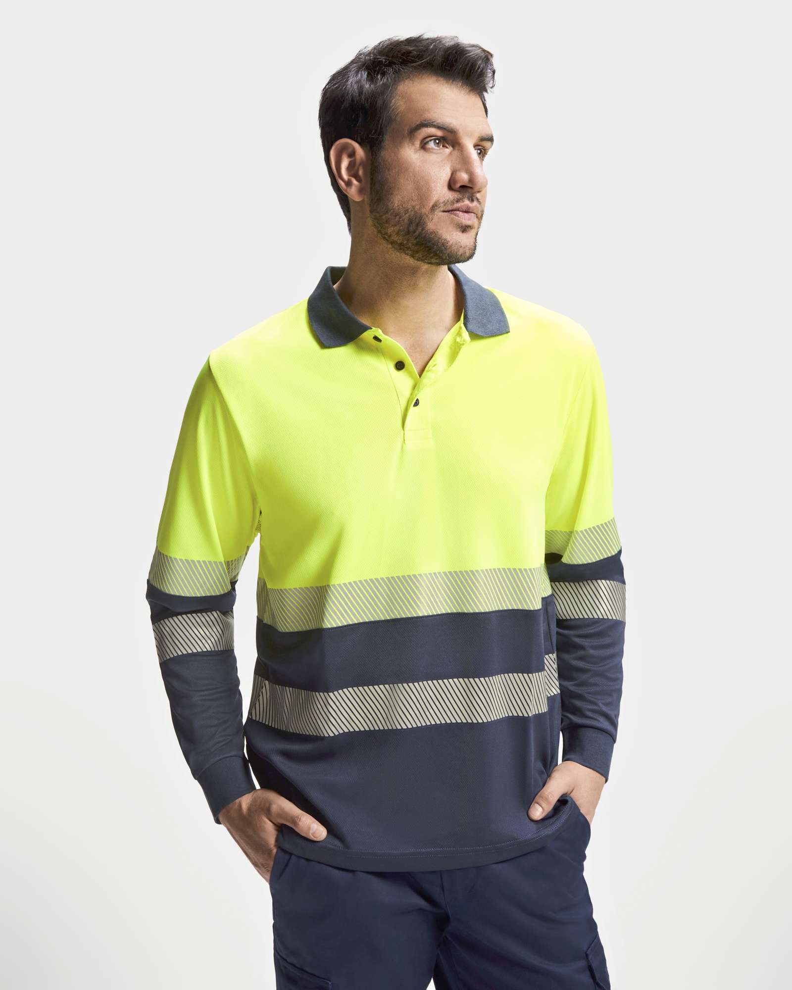 Roly Workwear Langarm-Polo Shirt Vega mit Warnstreifen, Navy Blue 55/Fluor Yellow 221 XXL, RY9316