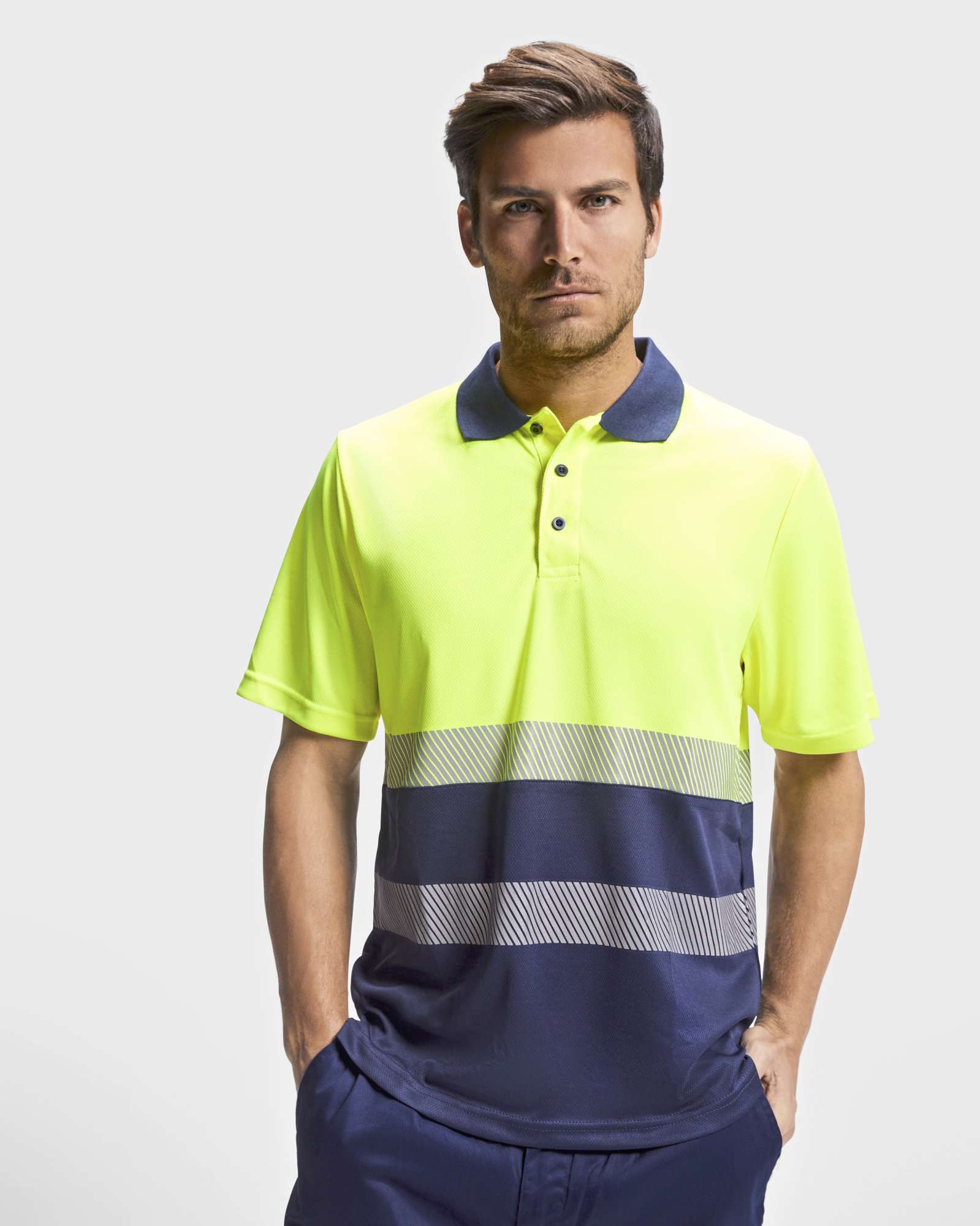 Roly Workwear Atmungsaktives Polo Shirt Vega mit Warnstreifen, Navy Blue 55/Fluor Yellow 221 XL, RY9315