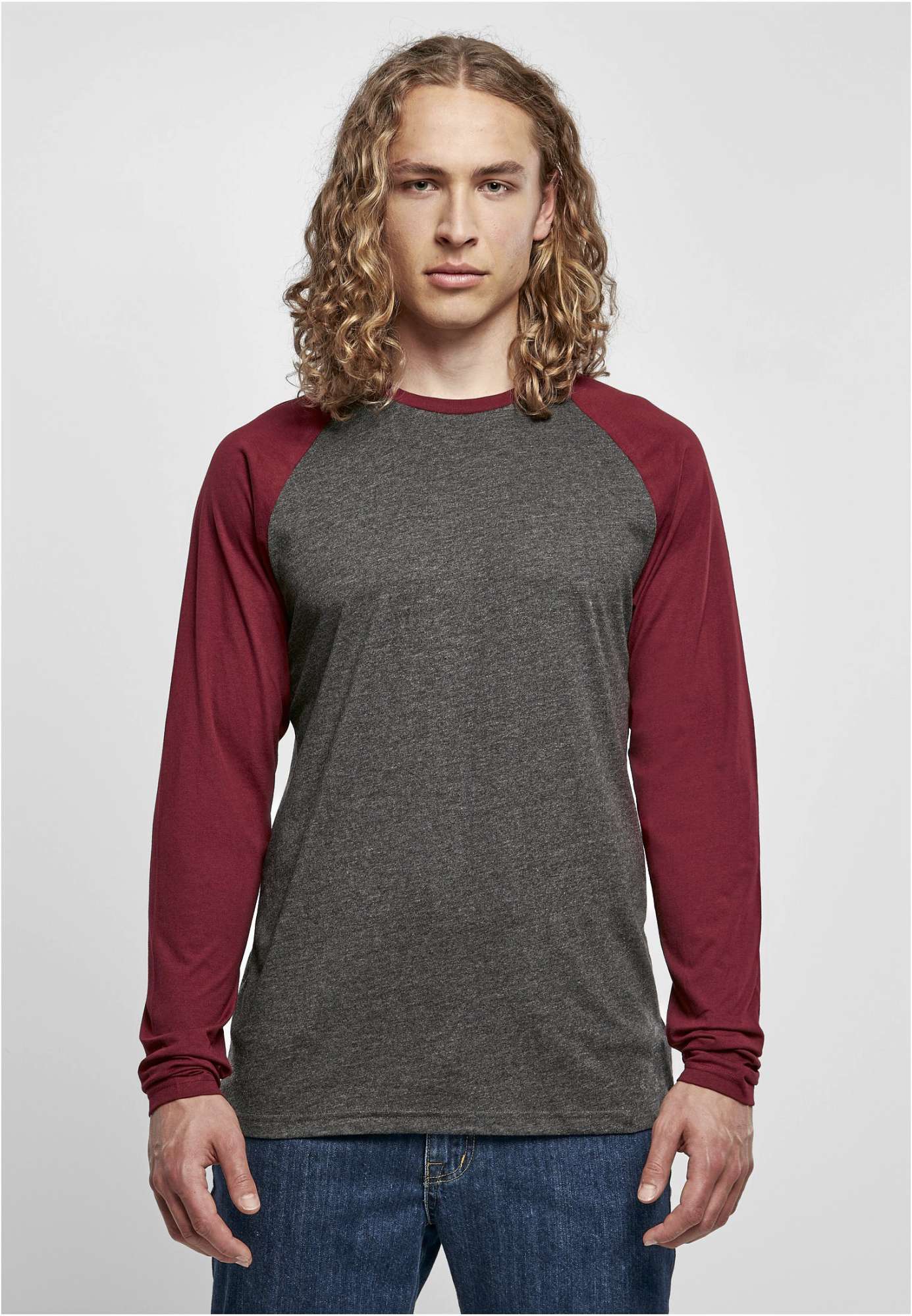 Build Your Brand Basic Kontrast-Raglan Langarmshirt aus Baumwolle, Charcoal/Cherry 4XL, BYBB023
