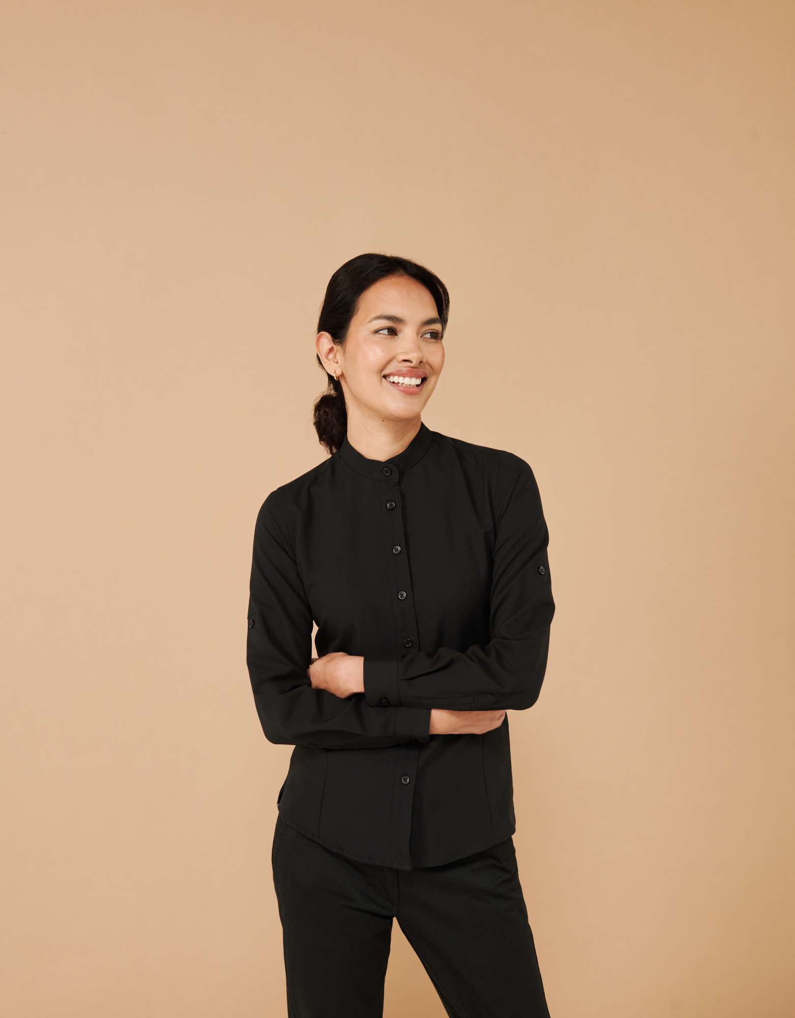 Henbury Langarm-Hemd mit Mandarin-Kragen für Damen, Black S, W593